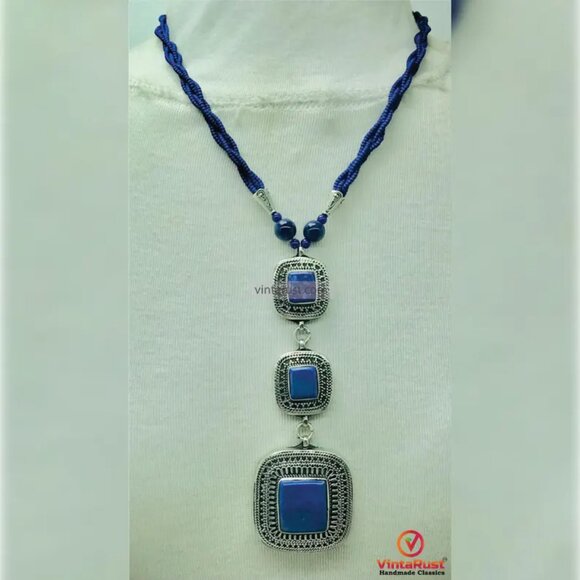 Beaded Chain Necklace with Triple Blue Square Pendants, Lapis Lazuli Stone - Picture 3 of 16